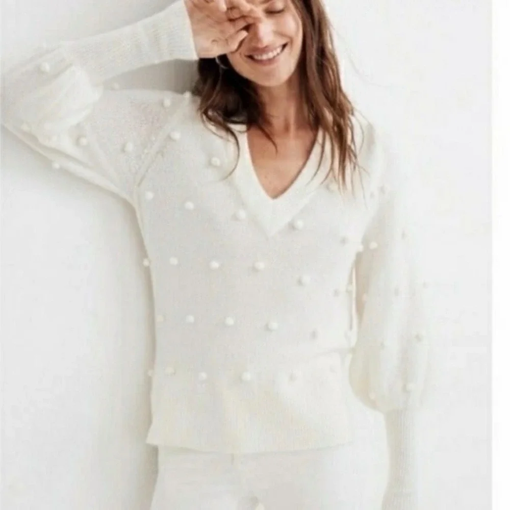 Madewell Bobble Dashwood V-Neck Sweater in Coziest Yarn Pom‎ Pom Details Small